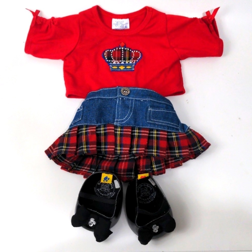 Build-A-Bear Red Top Denim Skirt Black Shoes